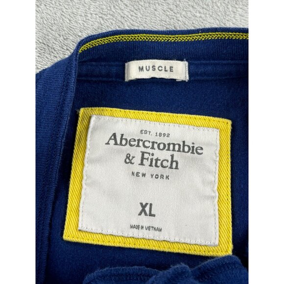 Vtg Abercrombie & Fitch Henley Shirt Muscle Fit XL Blue Yellow Moose Logo Cuff - Picture 3 of 7